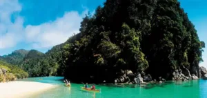 Mountain and river landscape shows the beauty of the New Zealand